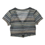 Womens Blue Beige Striped Cropped Top Short Sleeve V-Neck Button M Patterned