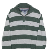 TOMMY HILFIGER Mens Green & Grey Patterned Jumper 1/4 Zip Crew Neck Cotton M
