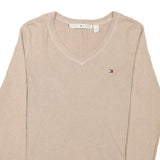 TOMMY HILFIGER Womens Beige V-Neck Plain Cotton Blend Jumper M Classic Fit