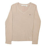 TOMMY HILFIGER Womens Beige V-Neck Plain Cotton Blend Jumper M Classic Fit