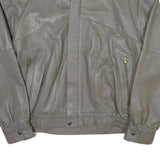 Mens Grey Leather Bomber Jacket M Smooth Plain Zipped Pockets Style