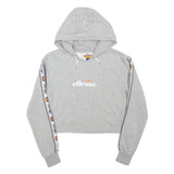 ELLESSE Womens Grey Cropped Hoodie UK 4 Tape Logo Sleeves Jersey Drawstring