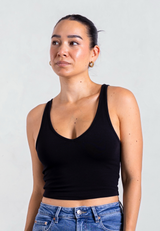 Organic Cotton V-Neck Cropped Tank Top, Black