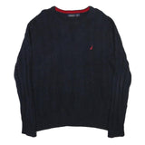 NAUTICA Mens Navy Patterned Cotton Blend Jumper Crew Neck Cable Knit L Stylish