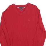 TOMMY HILFIGER Mens Red Pullover Plain V-Neck Basic Knit Jumper L Cotton Blend