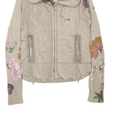 DESIGUAL Womens Beige Floral Sleeve Puffer Jacket S Polyester Blend Zip