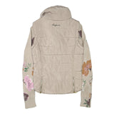 DESIGUAL Womens Beige Floral Sleeve Puffer Jacket S Polyester Blend Zip