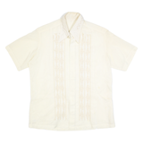 Mens Cream Plain Faux Silk Shirt L Relaxed Fit Short Sleeve Button Collar Satin