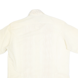Mens Cream Plain Faux Silk Shirt L Relaxed Fit Short Sleeve Button Collar Satin