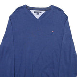 TOMMY HILFIGER Mens Blue Plain V-Neck Basic Knit L Cotton Blend Jumper