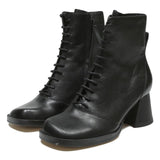 CHARLES & KEITH Womens Black Leather Ankle Boots UK 2 Stylish Heeled Lace-Up