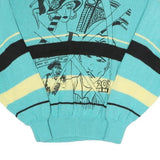 Womens Blue & Cream Cartoon Pattern Cotton Blend Patterned Crew Neck Basic Knit