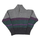 BOSTON TRADERS Mens Grey & Purple Patterned Wool Jumper Shawl Collar Cable Knit