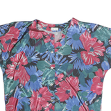 CHINDAMANE Womens Blue & Red Floral Silk Button Short Sleeve Top L Casual