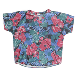 CHINDAMANE Womens Blue & Red Floral Silk Button Short Sleeve Top L Casual