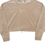 KARL KANI Womens Beige Velvet Hoodie L Cropped Drawstring Hooded Sweatshirt