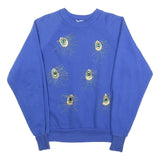 Womens Blue Crew Neck Sweatshirt S Cotton Blend Embroidered Peacock Feather