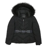 GUESS Womens Black Quilted Jacket M Polyester Blend Zip Hooded Belted Winter