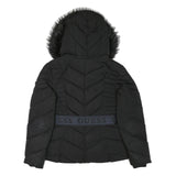 GUESS Womens Black Quilted Jacket M Polyester Blend Zip Hooded Belted Winter