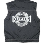 KEEP FUN Mens Black Sleeveless Hooded Jacket L Polyester Blend Logo Streetwear