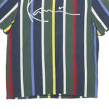 KARL KANI Mens Blue Green Red Yellow Striped Graphic T-Shirt S Short Sleeve Crew