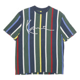 KARL KANI Mens Blue Green Red Yellow Striped Graphic T-Shirt S Short Sleeve Crew