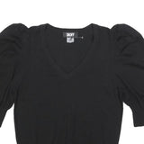 DKNY Womens Black Plain Jumper V-Neck Basic Knit L Puff Sleeve Stylish