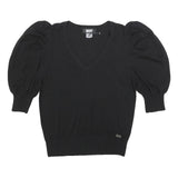 DKNY Womens Black Plain Jumper V-Neck Basic Knit L Puff Sleeve Stylish