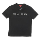 GUESS Mens Black Cotton Blend Graphic T-Shirt M Short Sleeve Henley Neck Casual