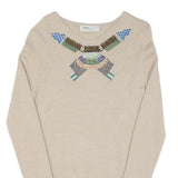Womens Beige Embellished Plain Cotton Pullover Jumper XS Stylish Crew Neck
