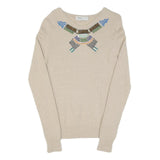 Womens Beige Embellished Plain Cotton Pullover Jumper XS Stylish Crew Neck