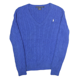 RALPH LAUREN SPORT Mens Blue Cable Knit V-Neck Jumper L Cotton Classic Fit