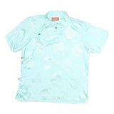 KERRAA Womens Blue Printed Top Short Sleeve Button Neck Silk M Stylish Elegant