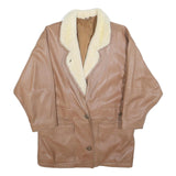 Womens Beige Leather Button Jacket L Shearling Collar Plain Outerwear
