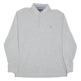 TOMMY HILFIGER Mens Grey Long Sleeve Plain Polo Shirt L Cotton Blend Classic