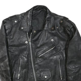Womens Black Leather Biker Jacket L Woven Asymmetric Zip Zipped Pockets