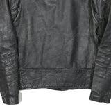 Womens Black Leather Biker Jacket L Woven Asymmetric Zip Zipped Pockets