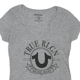 TRUE RELIGION Womens Grey Graphic T-Shirt M Short Sleeve V-Neck Cotton Blend