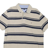 TOMMY HILFIGER Mens Beige & Navy Striped Short Sleeve Polo Shirt L Cotton Blend