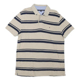 TOMMY HILFIGER Mens Beige & Navy Striped Short Sleeve Polo Shirt L Cotton Blend