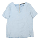 ZARA Womens Blue Basic Top Short Sleeve V-Neck S Lightweight Tailored Zip