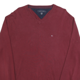 TOMMY HILFIGER Mens Maroon Plain V-Neck Basic Knit Jumper L Casual Cotton Style