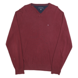 TOMMY HILFIGER Mens Maroon Plain V-Neck Basic Knit Jumper L Casual Cotton Style