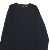 CALVIN KLEIN Mens Black Plain Wool Jumper V-Neck Basic Knit L Classic Style