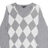 TOMMY HILFIGER Womens Grey & White Patterned Cotton Jumper V-Neck Basic Knit M