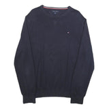 TOMMY HILFIGER Mens Navy Blue Plain Cotton Blend Crew Neck Basic Knit Jumper L