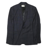 SANDRO Mens Navy Blue Wool Blend Button Jacket S Check Pattern