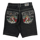 Embroidered Design Nevaran Graphic Denim Shorts - 34W 13L Black Cotton