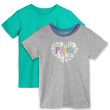 Two girls tee shirts. One teal one gray with a peace graphic print