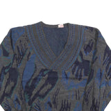 Mens Grey Blue Abstract Pattern V-Neck Chunky Knit Wool Blend Jumper L